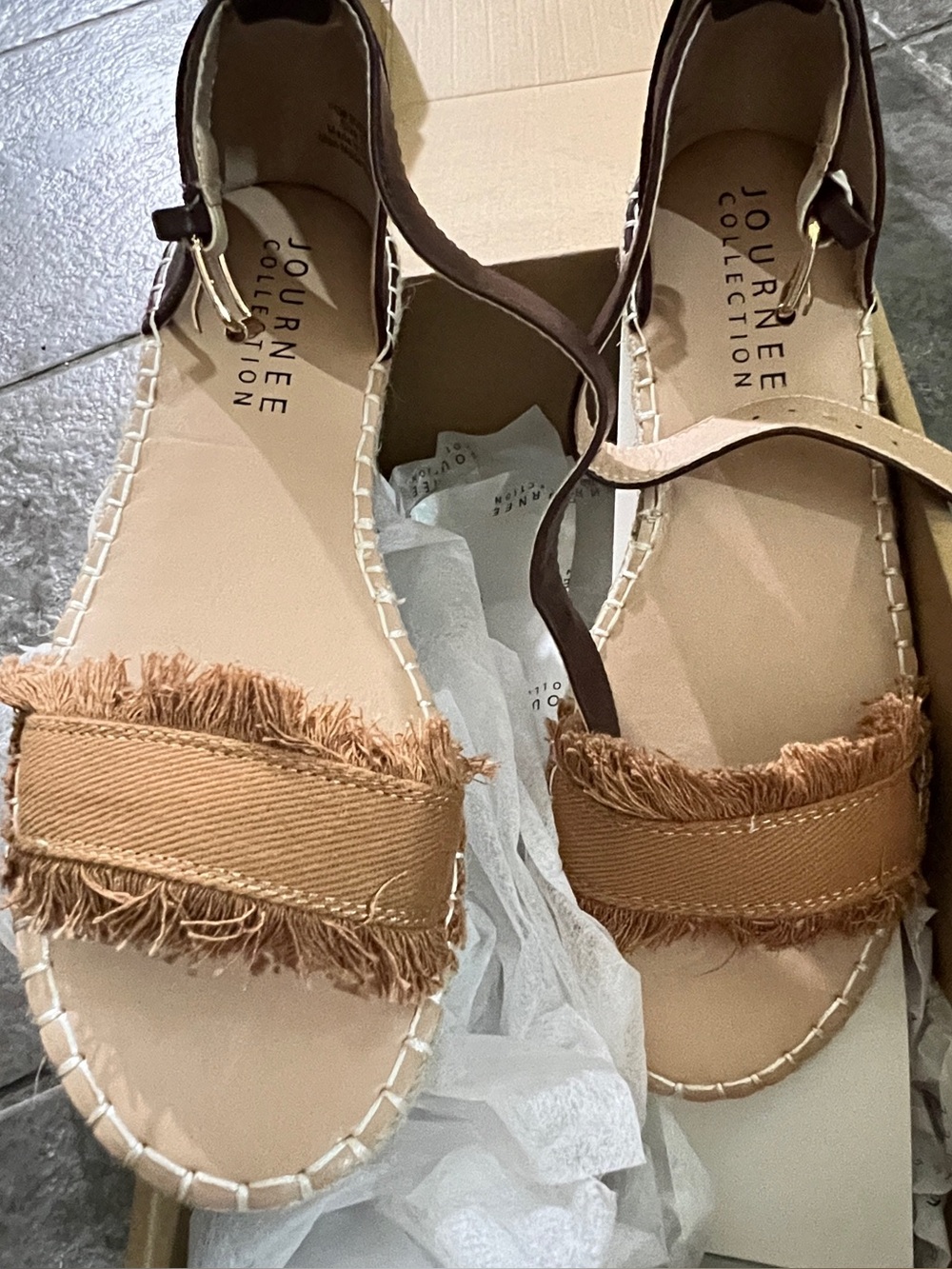 Journee Collection Women’s Tan Fringe Espadrille Sandals with Ankle Strap